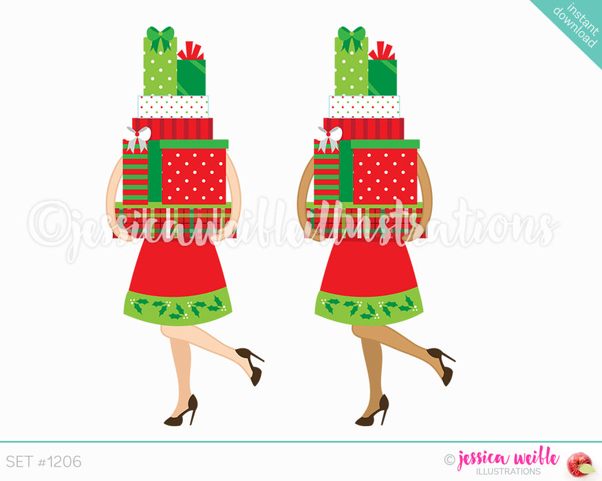 Christmas Shopper Woman with Stack of Gifts